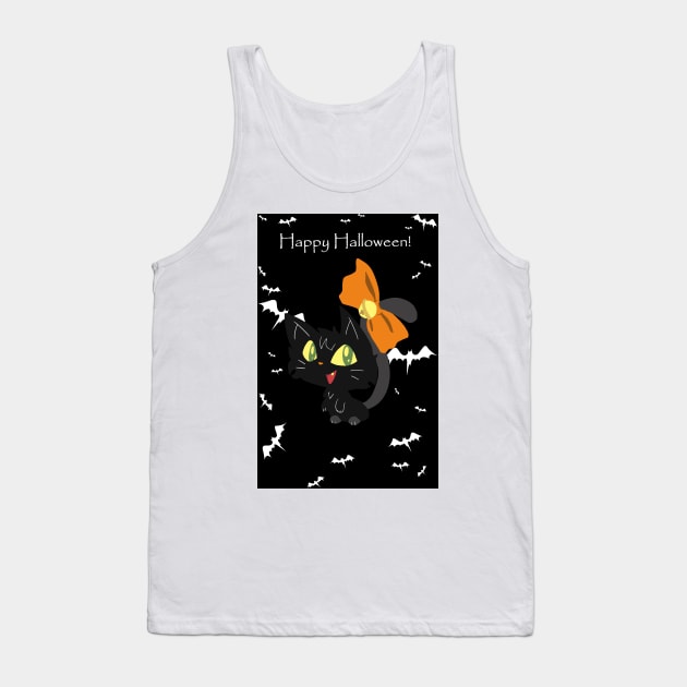 "Happy Halloween" Orange Bow Black Cat Tank Top by saradaboru